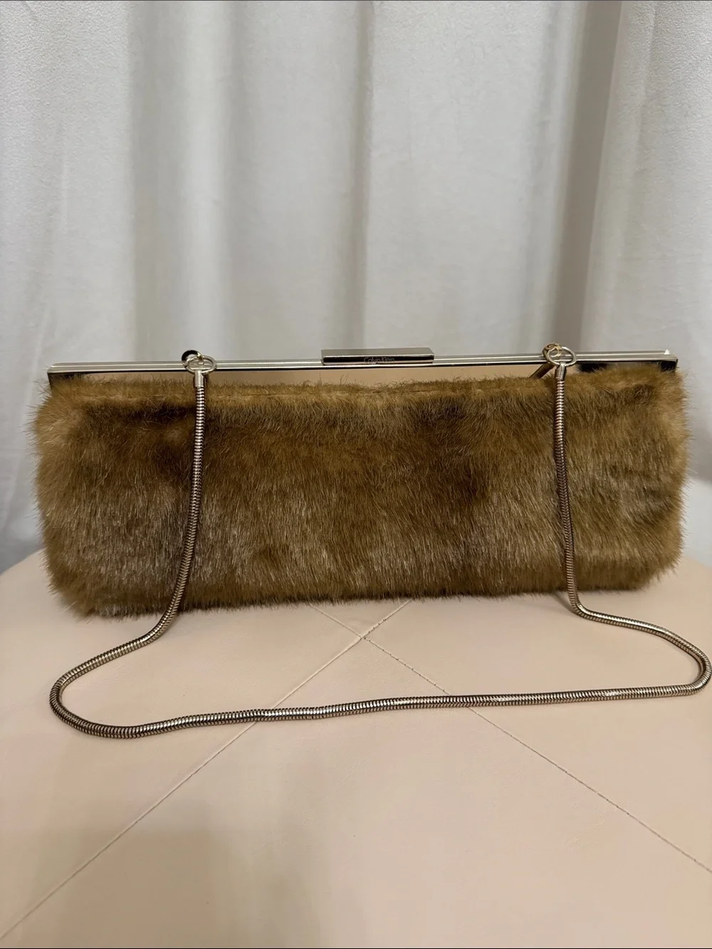 CALVIN KLEIN Camel Tan Faux Fur Clutch Evening Bag with Gold Tone Hardware
